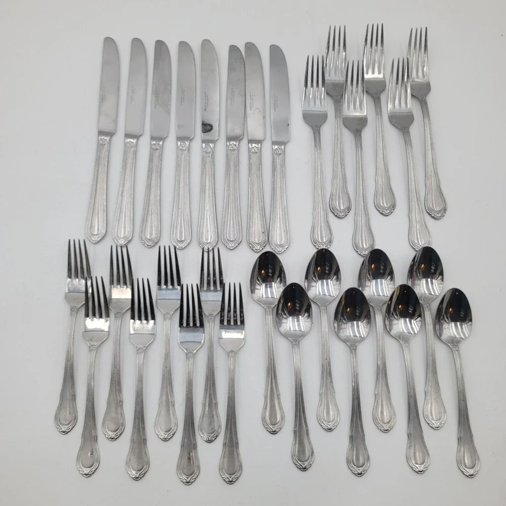 30pc Hampton Silversmiths Lauren Frosted Stainless Flatware Set Beaded Border
